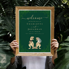 Welkom Dinosaur Thema Trouwfeest Donkergroen Poster