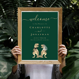 Welkom Dinosaur Thema Trouwfeest Donkergroen Poster