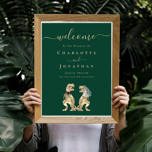 Welkom Dinosaur Thema Trouwfeest Donkergroen Poster