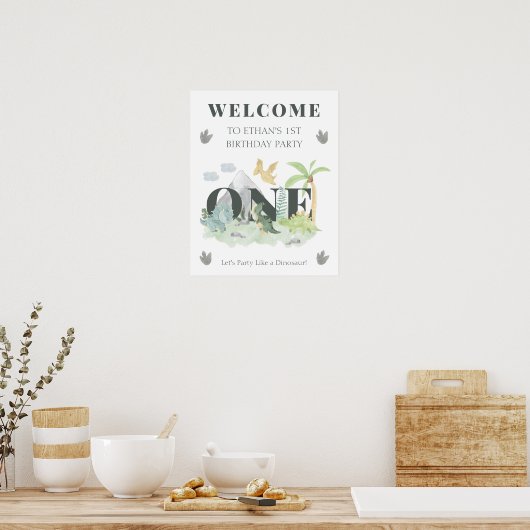 Welkom Dinosaurus 1e Verjaardags Jongen Schattige  Poster (Keuken)