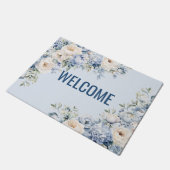 Welkom Dusty Blue Waterverf Ivoren Bloemen Bladere Deurmat (Schuin)