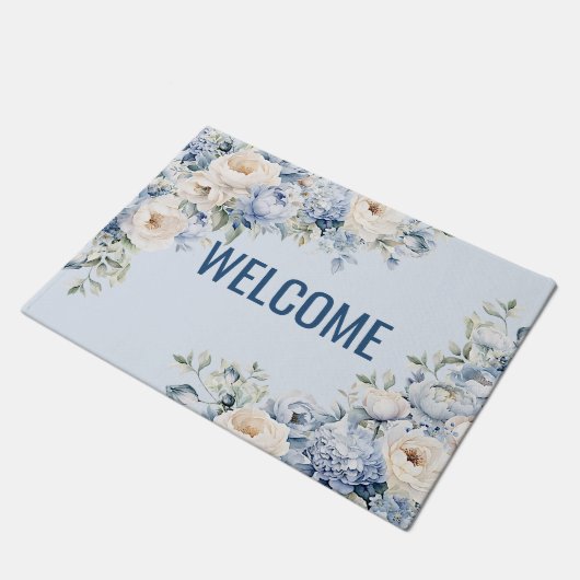 Welkom Dusty Blue Waterverf Ivoren Bloemen Bladere Deurmat (Schuin)