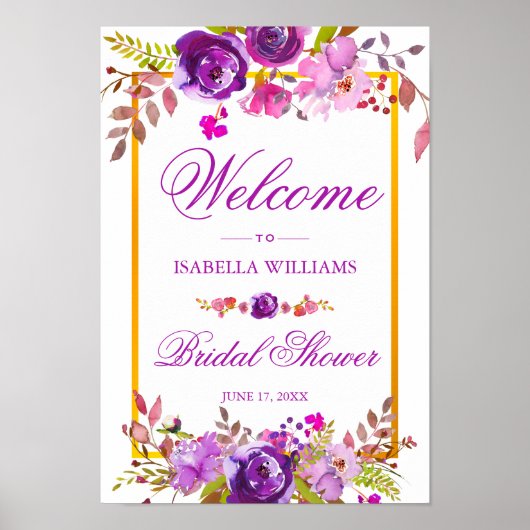 Welkom | Elegant Chic Gold Paars Floral Poster (Voorkant)