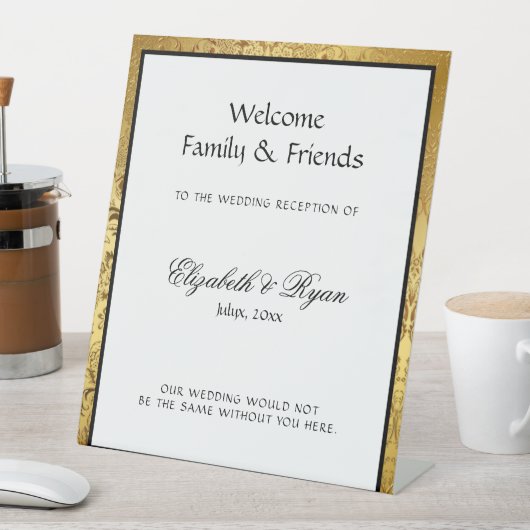 Welkom Elegant Gold Damask Wedding Reclamebord Met Voetstuk (Insitu)