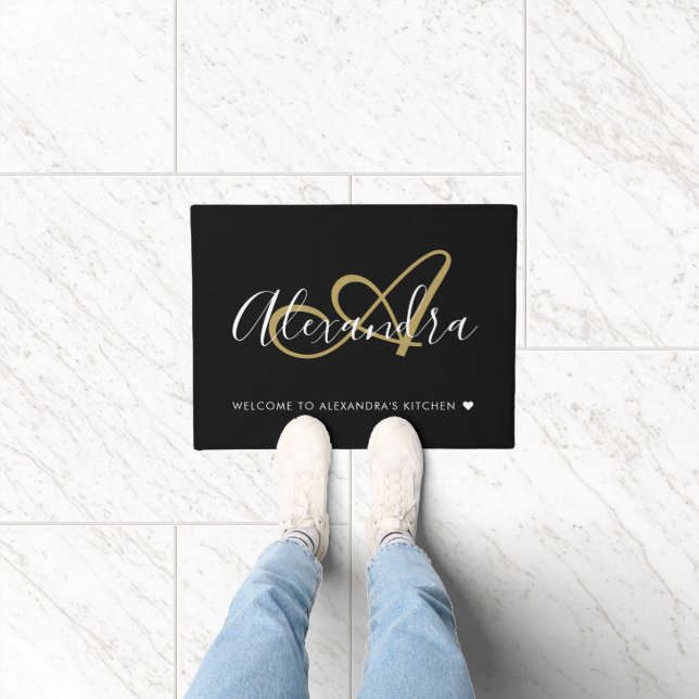 Welkom Elegant Monogram Black Gold Script Name Deurmat (Binnen)