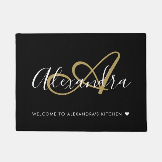 Welkom Elegant Monogram Black Gold Script Name Deurmat (Voorkant)