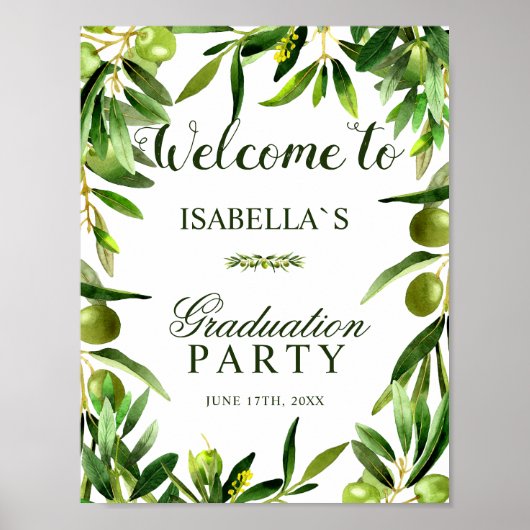 Welkom | Elegant Olive Boho Graduation Party Poster (Voorkant)