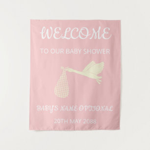 Welkom Elegante Roze,Witte Tekst En Ooievaar Wandkleed