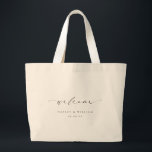 Welkom Ellesmere Wedding Grote Tote Bag<br><div class="desc">Welkom uw gasten bij uw bruiloft met het Ellesmere trouwlentes tas. Deze trouwwelkome canvas tas kenmerkt een minimalistisch ontwerp met een rubriek van de manuscriptkalligrafie. De namen en de datum kunnen worden aangepast om uw bruiloft aan te passen, nochtans, is de manuscriptrubriek een afbeelding dat niet kan worden uitgegeven. Voor...</div>