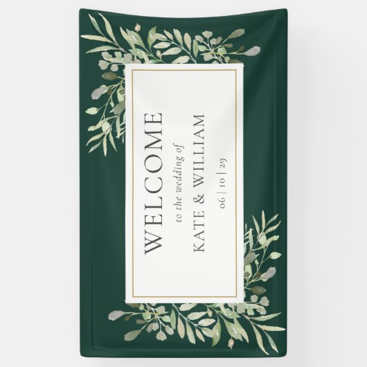 Welkom Emerald Greenery Foliage Wedding Spandoek (Verticaal)