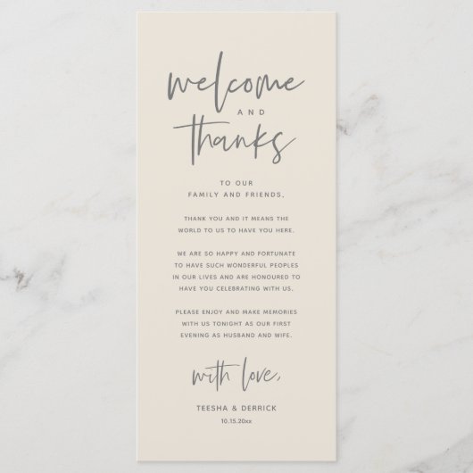 Welkom en Bedankt, Plaatsinstelling Dank u kaart (Voorkant)