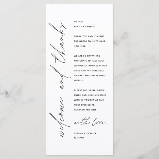 Welkom en Bedankt Trouwdiner Bedankt Card Programmakaart (Voorkant)