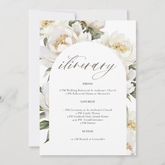 Welkom en Reisschema Bruiloft Witte Pioen Kaart (Achterkant)