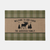 Welkom familie Cabin Moose Pine Green Play Burlap Deurmat (Voorkant)