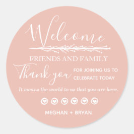 Welkom Familie Vrienden Roze Bruiloft Ronde Sticker