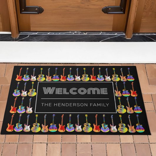 Welkom Familienaam Kleurrijke Gitaren Zwart Deurmat