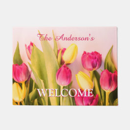 Welkom & familienaam, roze & gele Tulpen Deurmat