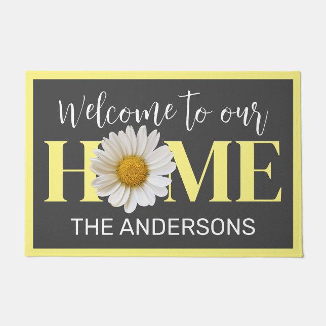 Welkom familienaam wit daisy grijs deurmat (Voorkant)