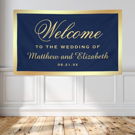 Welkom Faux Gold Foil Blue Weddenschap Spandoek