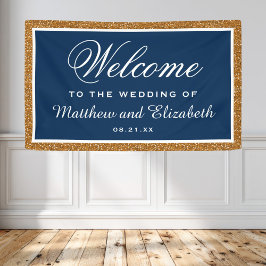 Welkom Faux Gold Glitter Navy Blue Weddenschap Spandoek