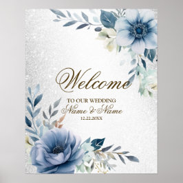 Welkom Feest Stof Blauw Aquarel Bloemen Zilver Poster