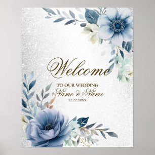 Welkom Feest Stof Blauw Aquarel Bloemen Zilver Poster