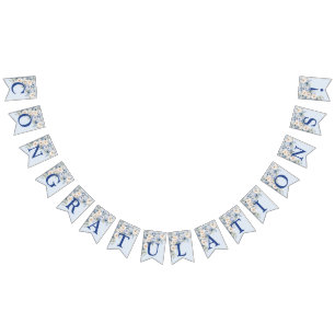 Welkom feest Stofblauw Aquarel Ivoren Bloemen Vlaggetjes