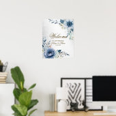 Welkom feest Stofblauw Waterverf Bloemen Zilver Poster (Thuiskantoor)