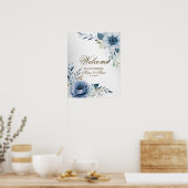 Welkom feest Stofblauw Waterverf Bloemen Zilver Poster (Keuken)