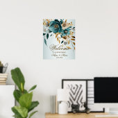 Welkom Feest Turquoise Witte Bloem Gouden Bladeren Poster (Thuiskantoor)