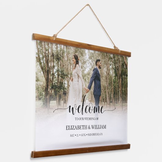 Welkom, fijn modern script, foto-bruiloft hangend wandkleed (Gebogen)