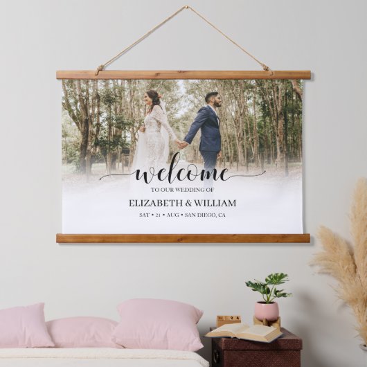 Welkom, fijn modern script, foto-bruiloft hangend wandkleed (Slaapkamer)