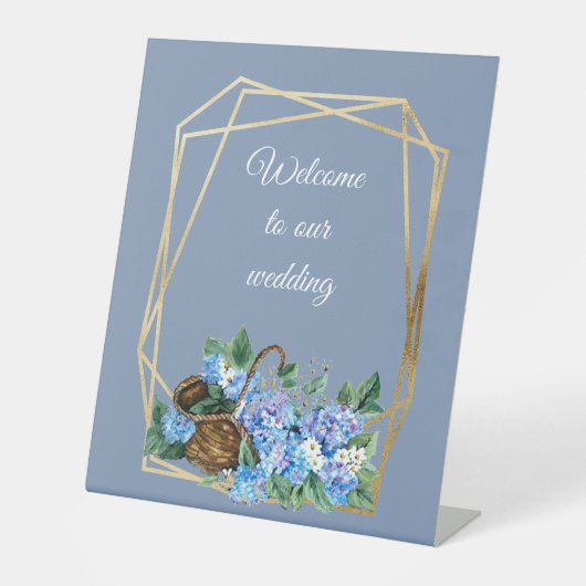 Welkom florasjesblauw Hydrangeas mandje Reclamebord Met Voetstuk (Voorkant)