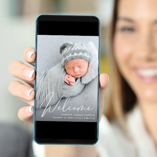 Welkom Foto Collage White Script Birth Aankondiging