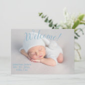 Welkom Foto Stats Script Baby Blue Birth Aankondiging (Staand voorkant)