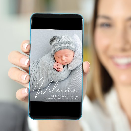 Welkom foto White Script Birth Aankondiging