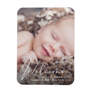 Welkom Foto White Script Birth Notice Magneet