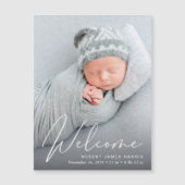 Welkom Foto White Script Birth Notice Magnetische Uitnodiging (Voorkant)