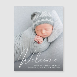 Welkom Foto White Script Birth Notice Magnetische Uitnodiging