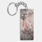 Welkom Foto White Script Birth Notice Sleutelhanger (Voorkant Links)