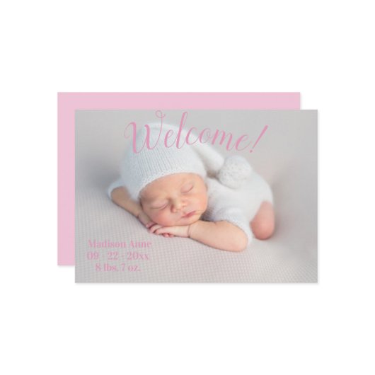 Welkom Fotoscript Baby Girl Pink Birth Aankondiging (Voorkant / Achterkant in situ)
