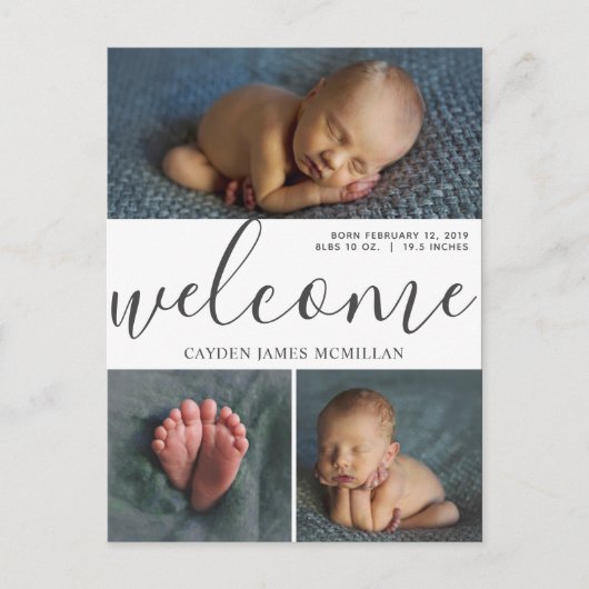 Welkom Geboorteaankondiging Drie Foto Briefkaart (Voorkant)