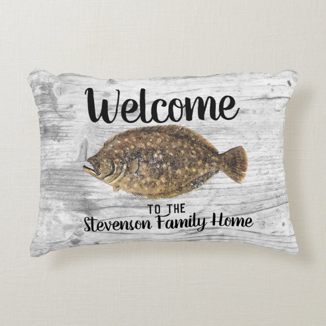 Welkom, Gevist Flounder Familienaam Rustic Fish Accent Kussen (Voorkant)