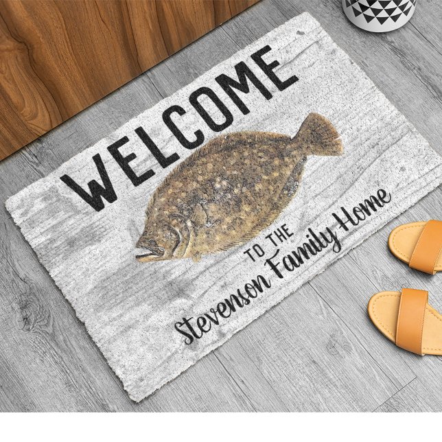 Welkom Gevist Flounder familienaam rustiek Deurmat (Flounder Fishing Welcome Doormat.)
