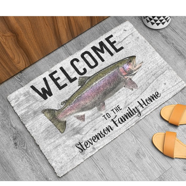 Welkom Gevist Thuiskatoen voor forel familienaam Deurmat (Rainbow Trout Fishing Family Welcome Doormat)