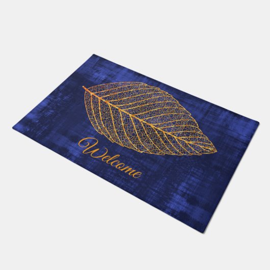 Welkom Gold Autumn Leaf op NAVY BLUE Deurmat (Schuin)