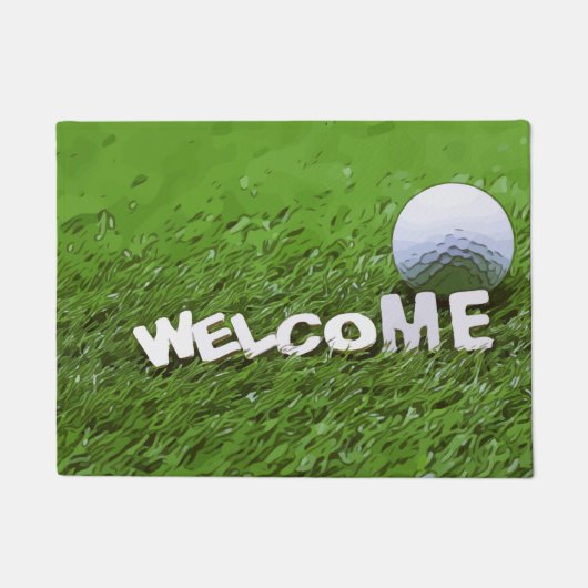 Welkom golfer met golfbal op groen gras deurmat (Voorkant)