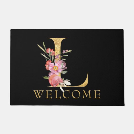 WELKOM, Gouden Monogram L met Roze Bloemen, Zwart Deurmat (Voorkant)