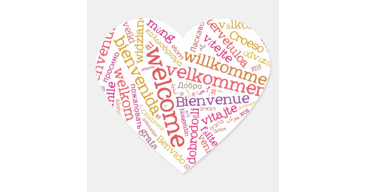 Welkom hart (veel talen) ticker hart sticker | Zazzle.nl
