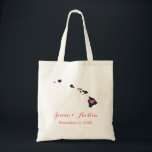 Welkom Hawaii Wedding Tote Bag<br><div class="desc">Welkom uit de stadsuittrouwgasten met een tas vol snacks en een persoonlijke behandeling met de staat waar je gaat trouwen, de bruid- en bruinnamen en de trouwdatum. Klik op Aanpassen om het hart te verplaatsen naar elke stad of locatie op de staatskaart. Gebruik de ontwerphulpmiddelen om de monogram tekstdoopvonten en...</div>